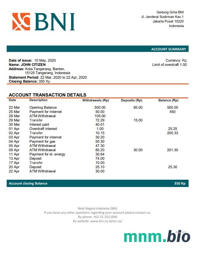 Indonesia Bank Negara Indonesia (BNI) excel